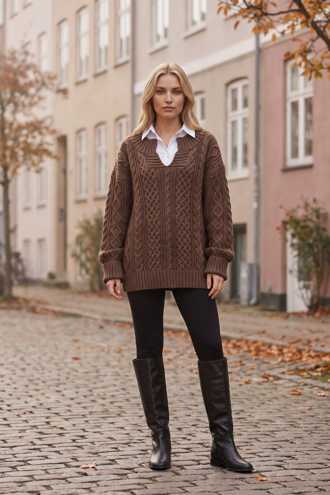 Kvinde i brun oversized kabelstrikket sweater med V-hals på en brostensbelagt gade om efteråret