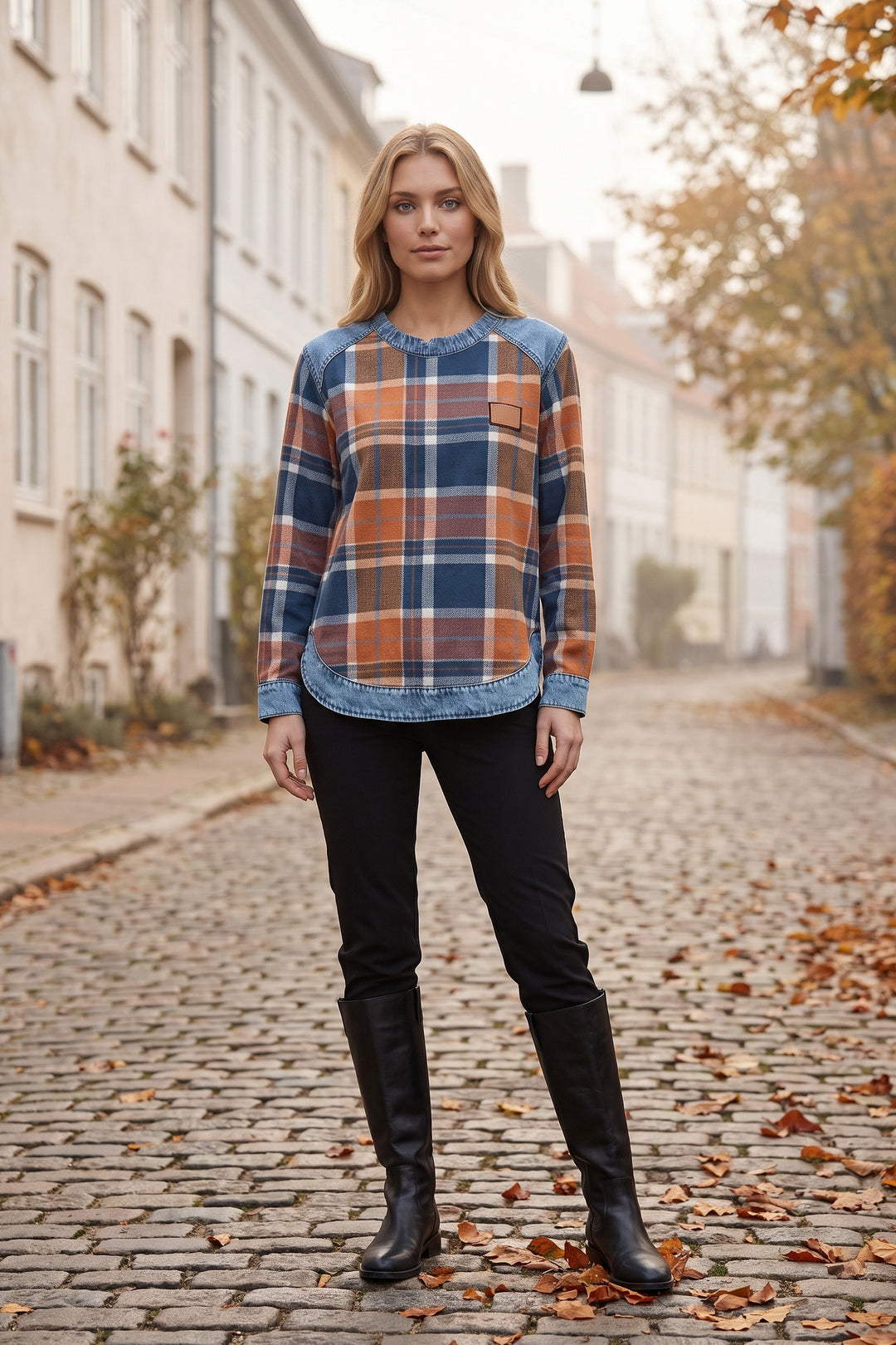 Kvinde i ternet langærmet top i marineblå og brændt orange med denimdetaljer på en efterårsgade
