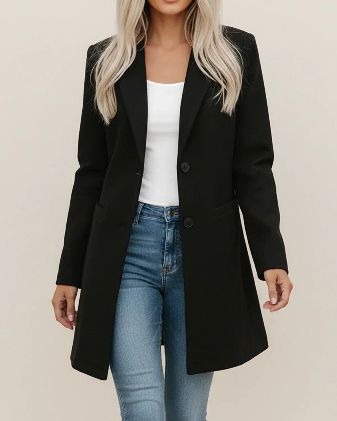 Lang blazer dame med bred krave