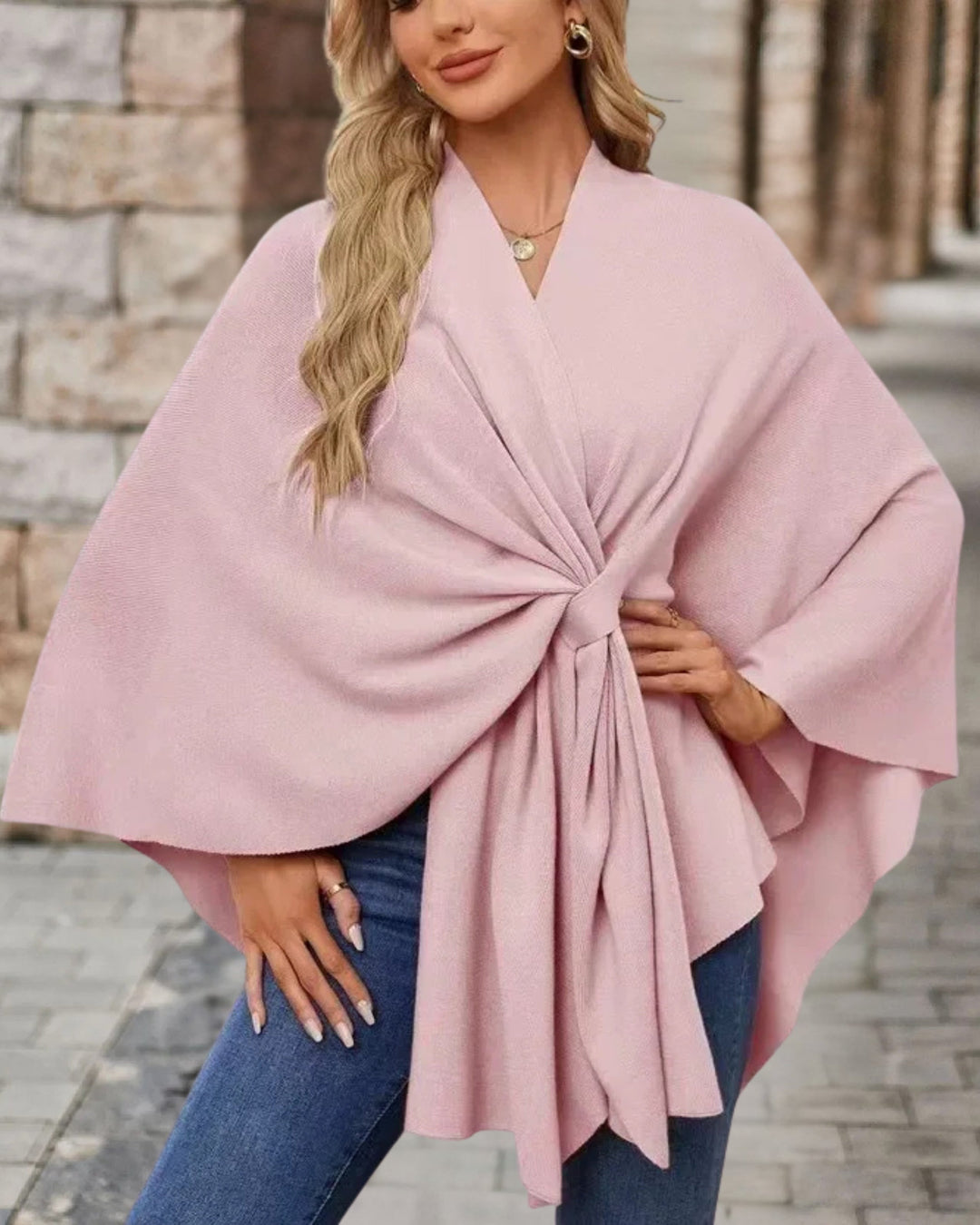 Poncho dame med knude og V-udskæring