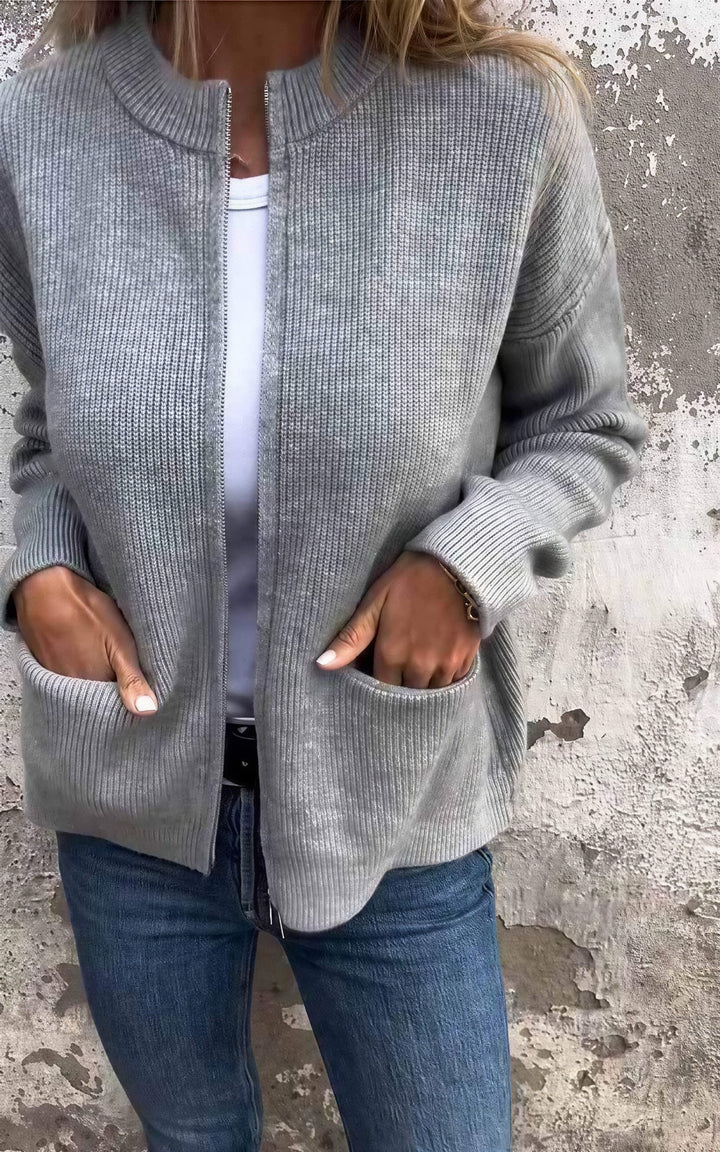 Cardigan dame med lynlås i chunky strik