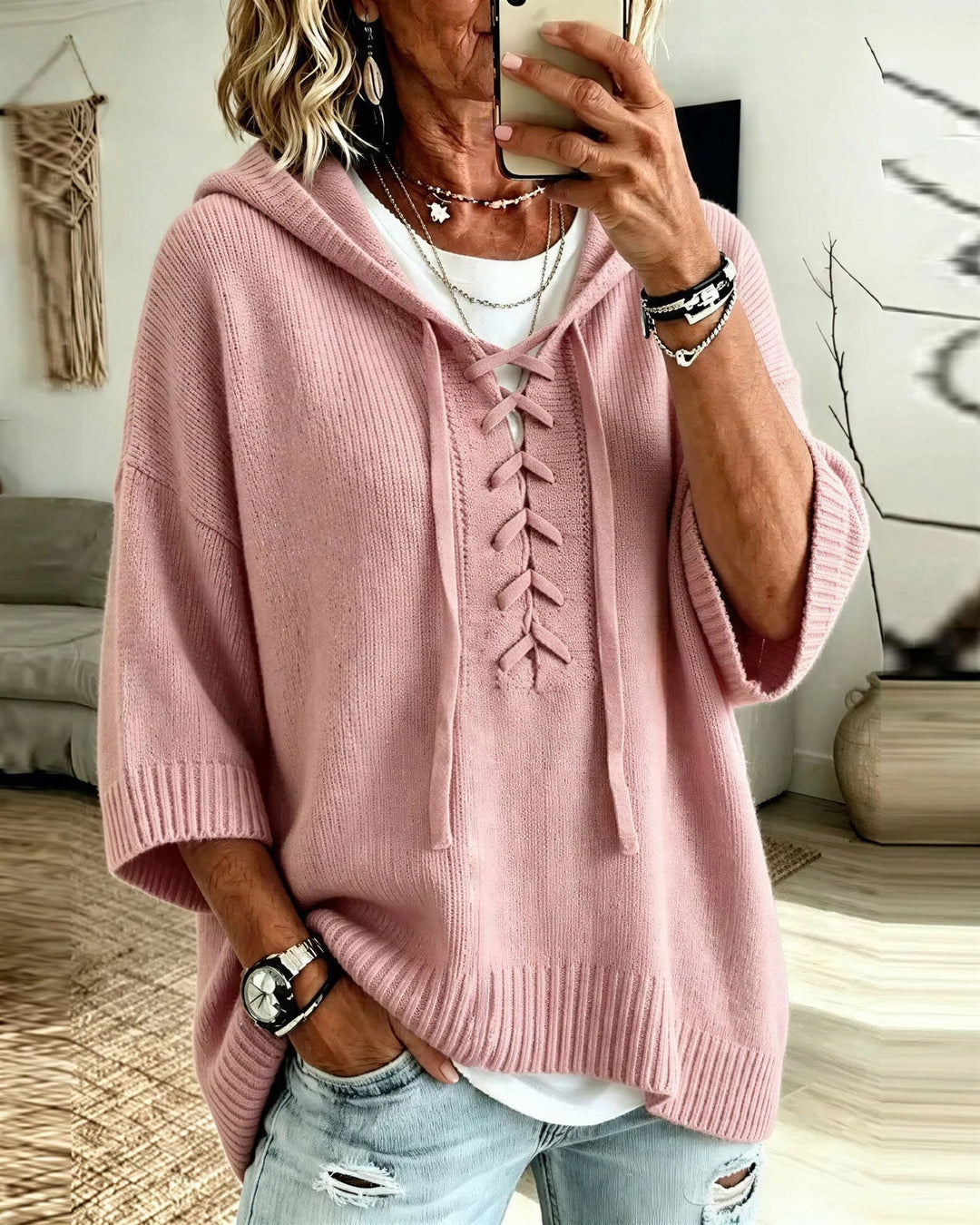 Oversized hættestrikket sweater dame