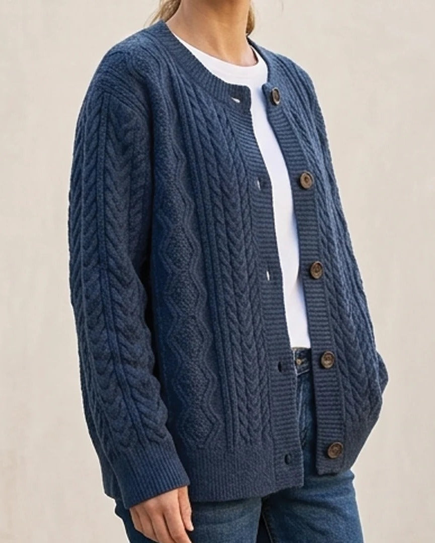 Navy kabelstrikket cardigan med rund hals