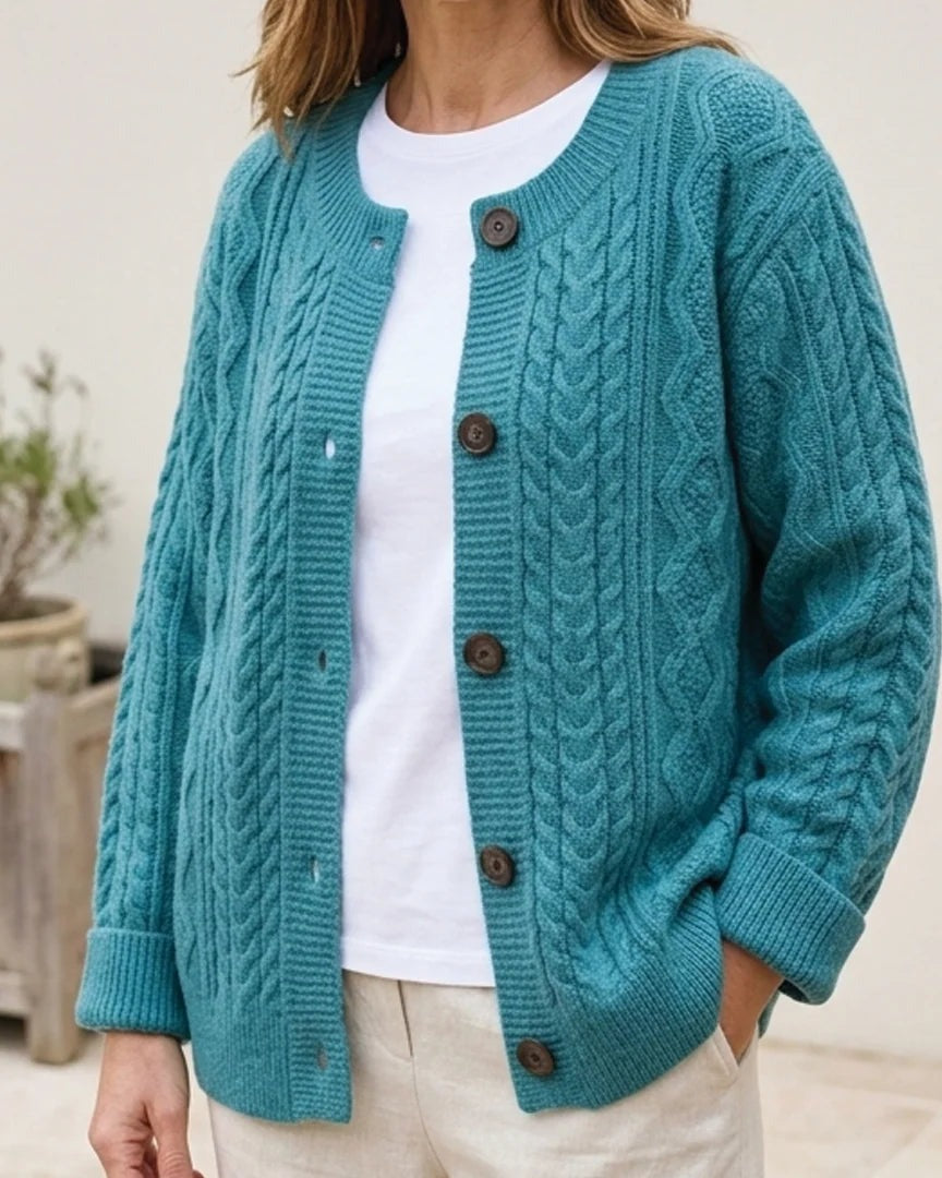 Blå grov kabelstrikket cardigan