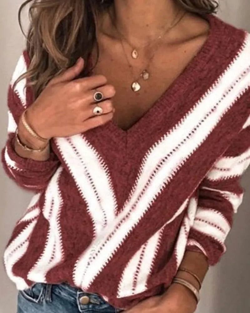 Bordeaux chevron stribet striktrøje med V-hals