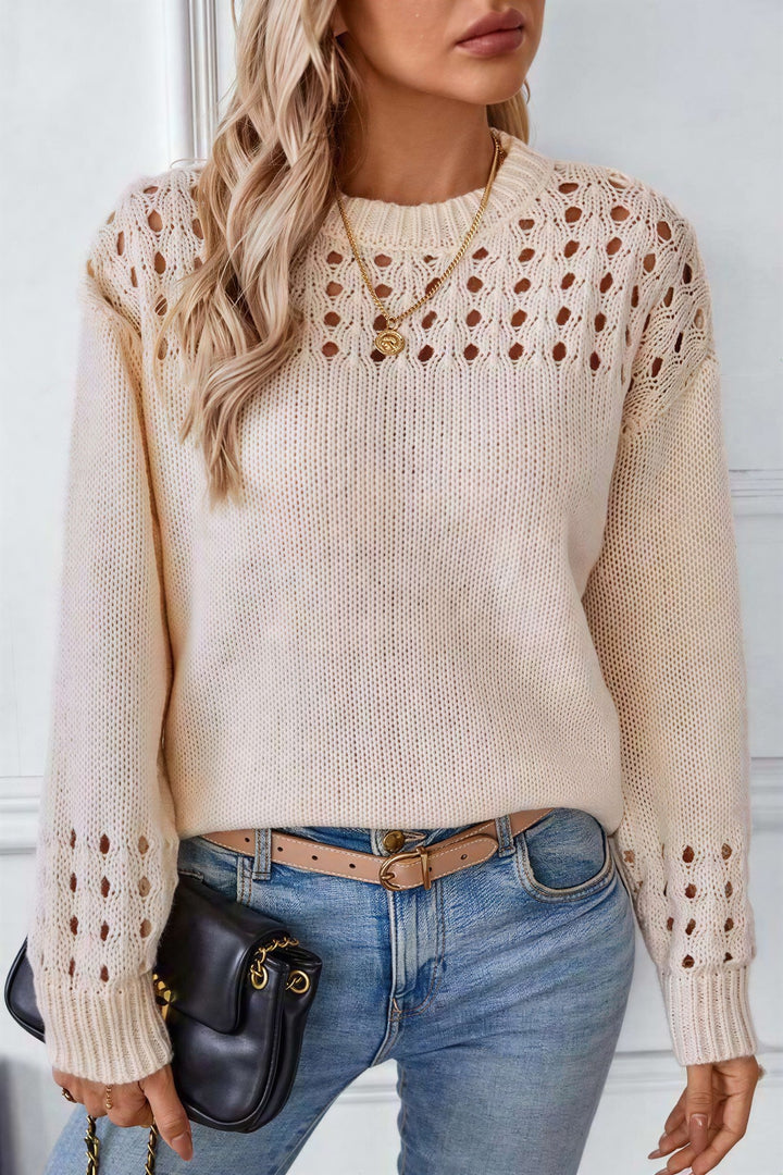 Cropped striktrøje i beige, detalje af åbent stingmønster