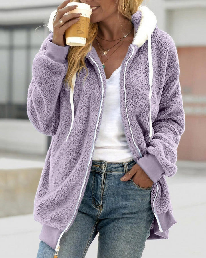 Oversized Sherpa Fleecejakke Dame med Hætte i lilla set forfra