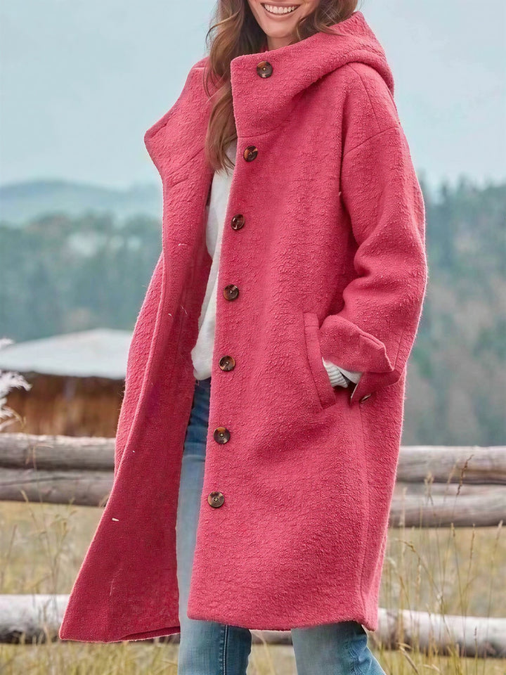 Oversized Teddyfrakke Dame med Hætte og Knapper i pink set forfra