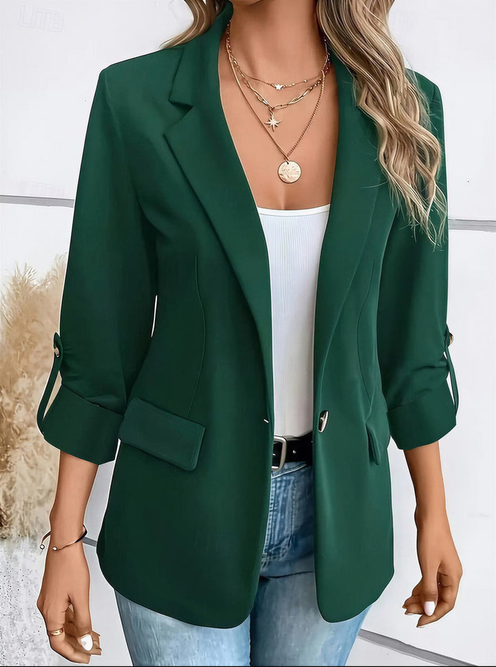 Fitted Blazer Dame med Åben Front og Oprullede Ærmer i grøn set forfra