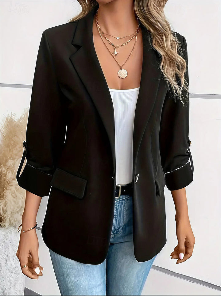 Fitted Blazer Dame med Åben Front og Oprullede Ærmer i sort set forfra