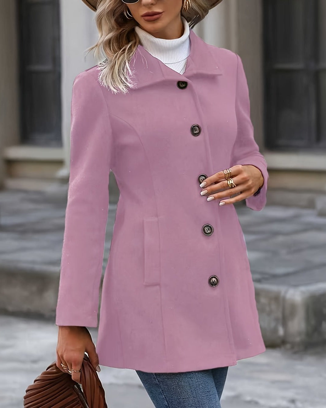 Fitted Uldfrakke Dame med Ståkrave og Svaj i pink set forfra