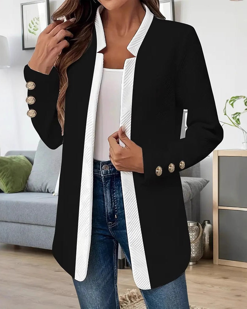Blazer Dame med Åben Front, Kontrastkant og Guldknapper i sort set forfra