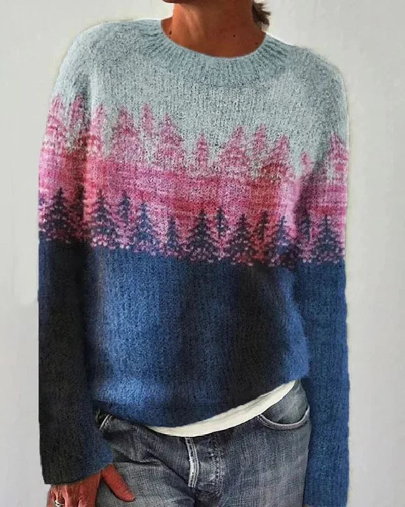 Striktrøje Dame med Rund Hals og Nordisk Trædesign i pink