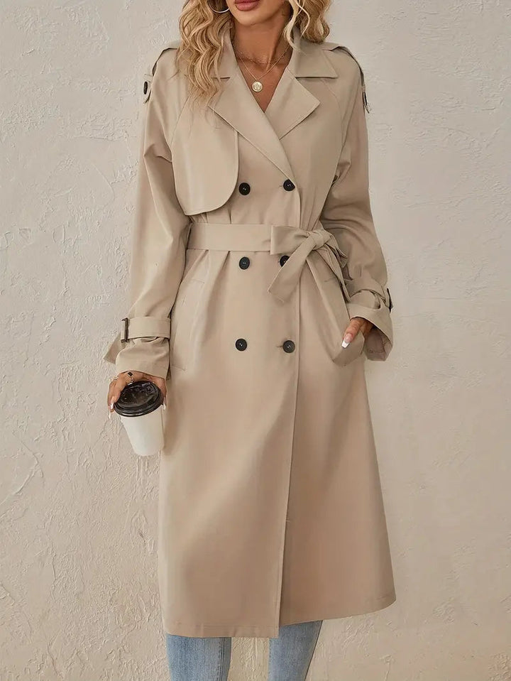 Lang Dobbeltradet Trenchcoat Dame med Bælte i beige