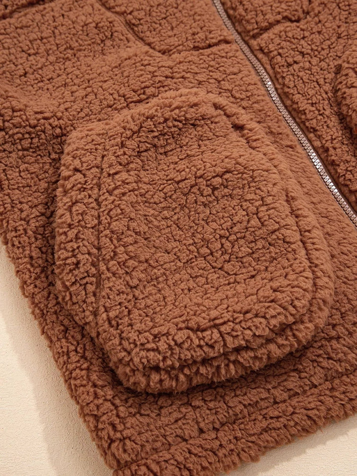 Oversized Teddyjakke Dame med Hætte og Forlommer i brun med åben front