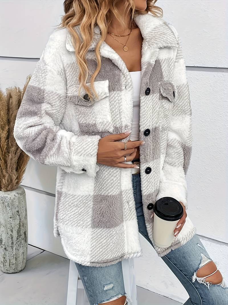 Fleece shacket dame med ternet design
