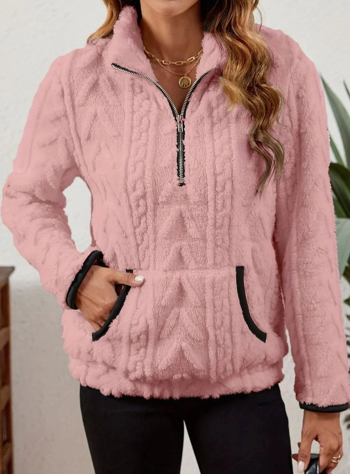 Pink fleecepullover med halv lynlås