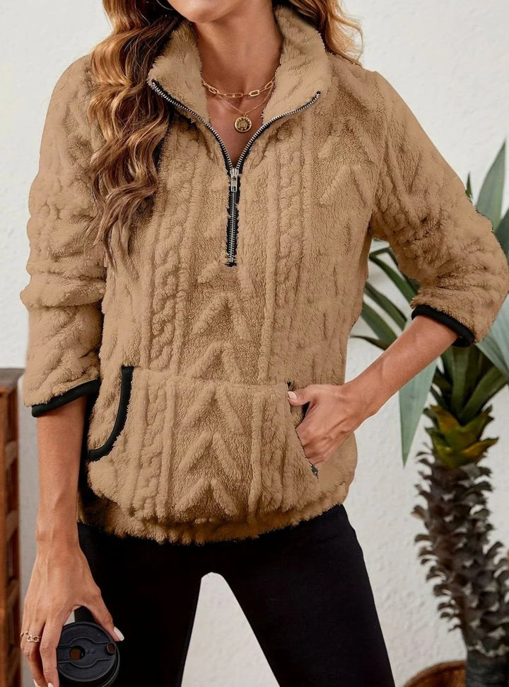 Khaki fleecepullover med halv lynlås