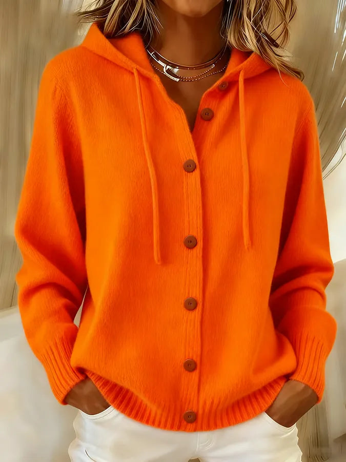 Orange strikcardigan med hætte