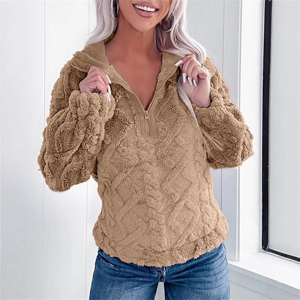 Khaki fleecepullover med pufærmer set forfra
