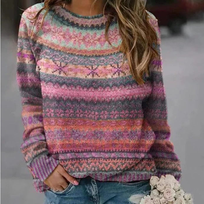 Fair Isle striktrøje i pink toner set forfra