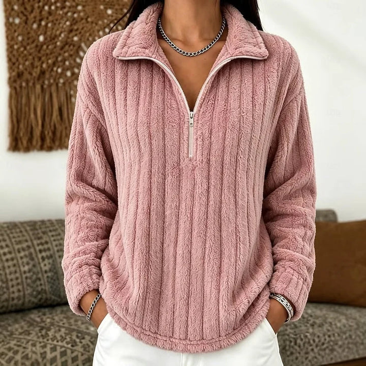 Ribbet fleece sweatshirt i pink set forfra