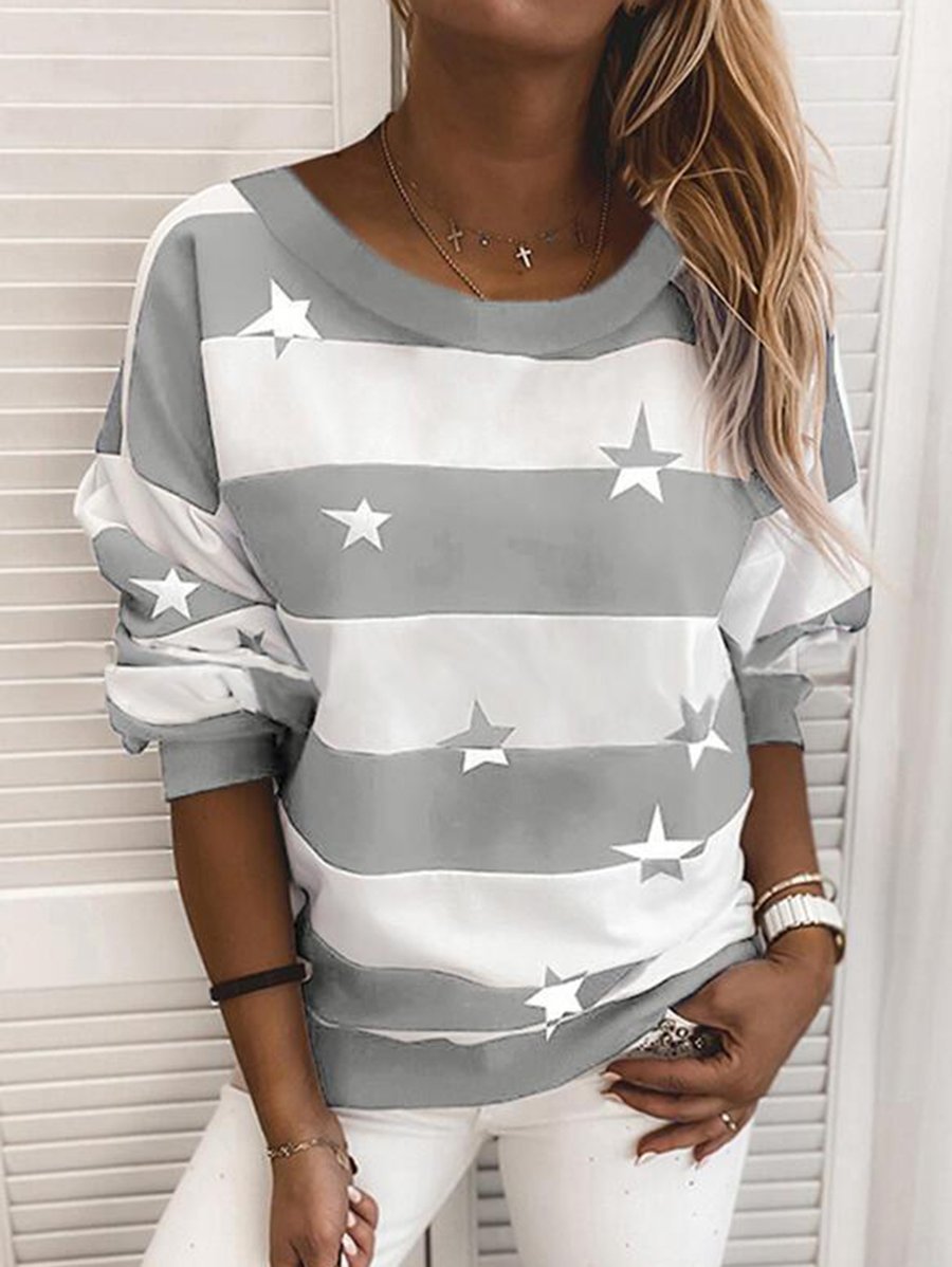 Stribet sweatshirt dame med stjerneprint