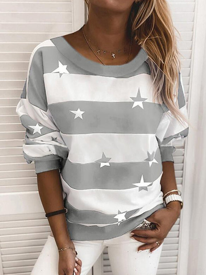 Stribet sweatshirt dame med stjerneprint