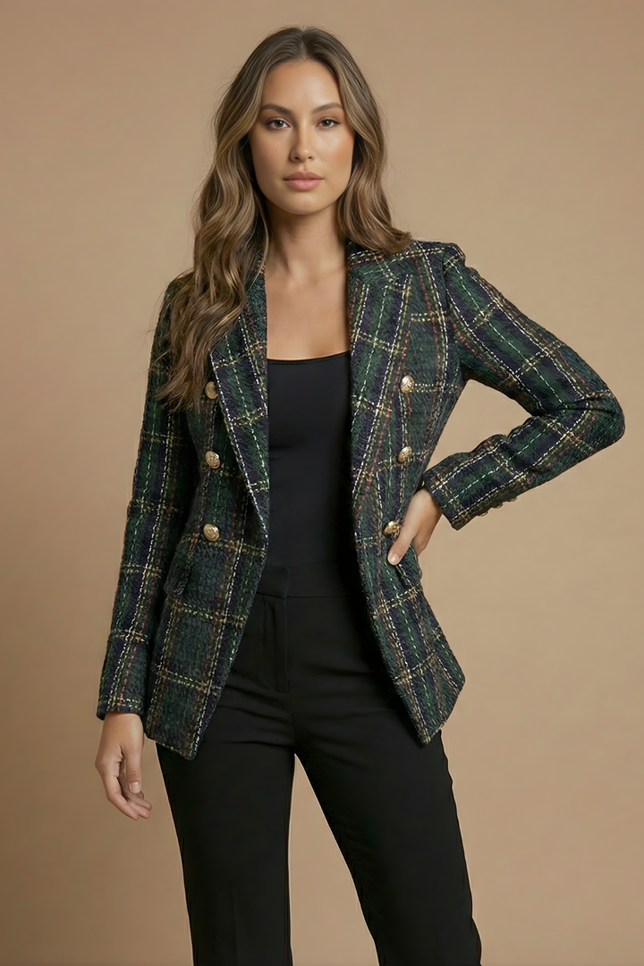 Dobbeltradet ternet blazer med guldknapper