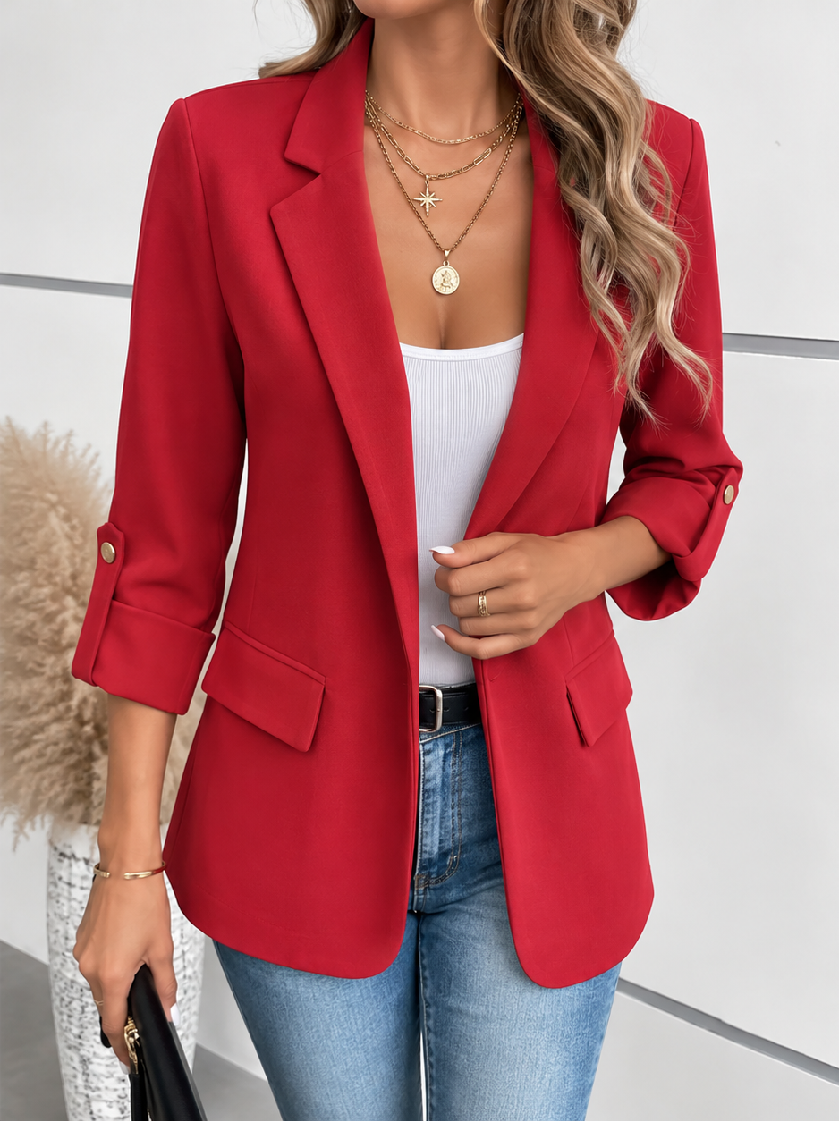 Fitted Blazer Dame med Åben Front og Oprullede Ærmer i rød set forfra