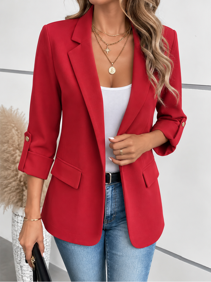 Fitted Blazer Dame med Åben Front og Oprullede Ærmer i rød set forfra