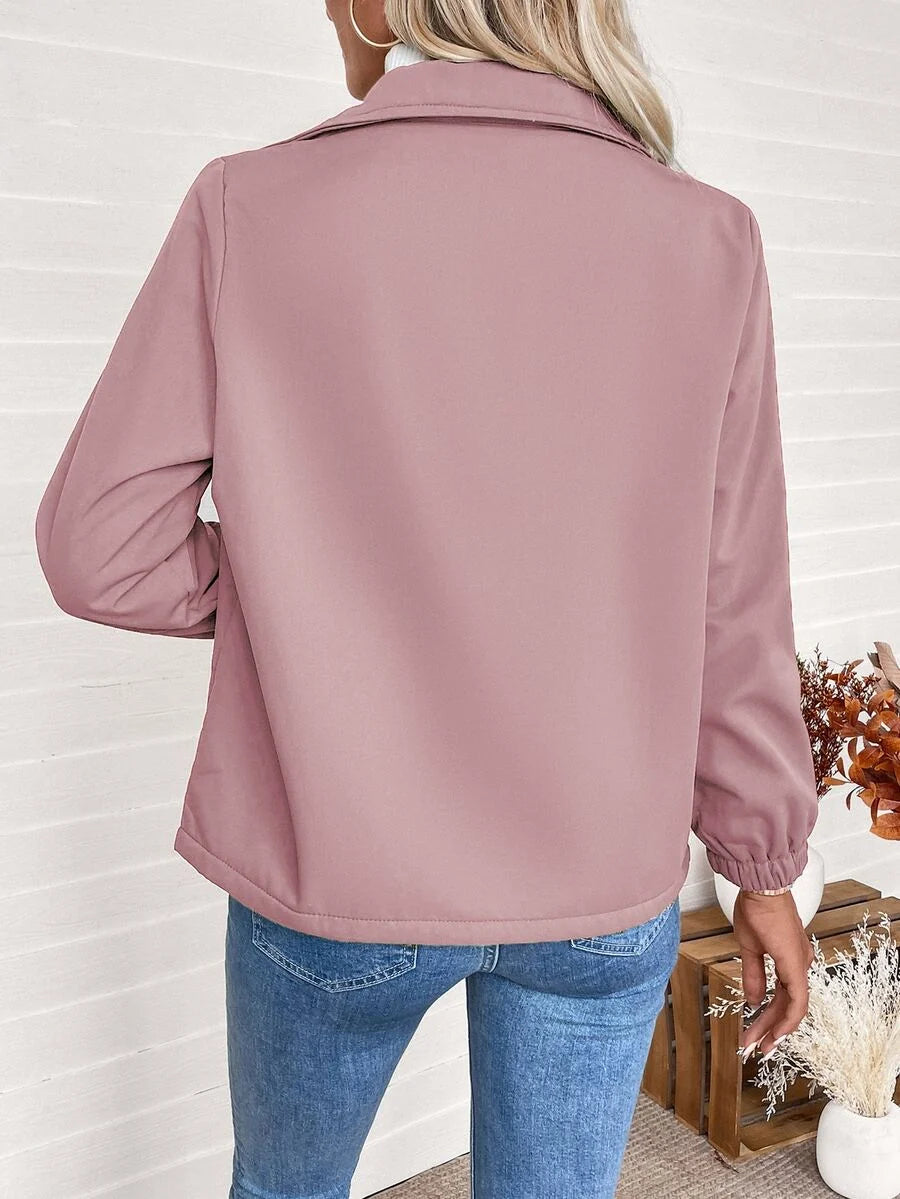 Fleeceforet Jakke Dame med Lynlås og Elastiske Manchetter i bærpink set i helfigur