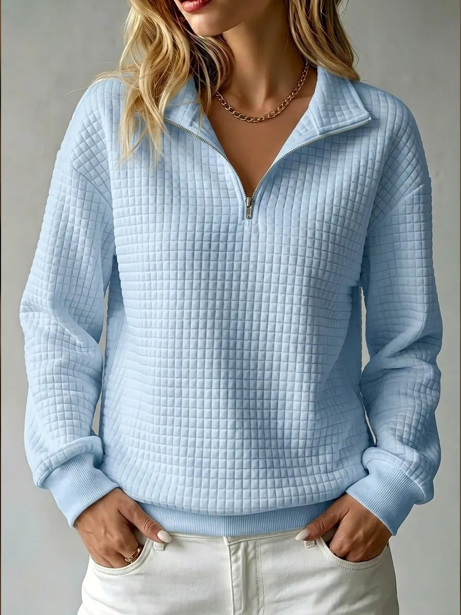 Sweatshirt Dame med Halv Lynlås og Quiltet Struktur i lyseblå