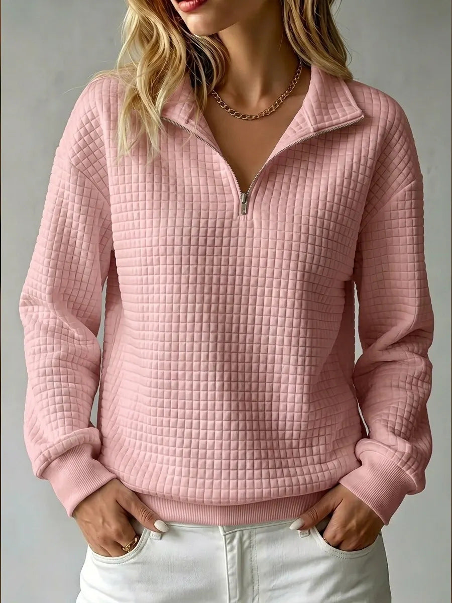 Sweatshirt Dame med Halv Lynlås og Quiltet Struktur i lyserød