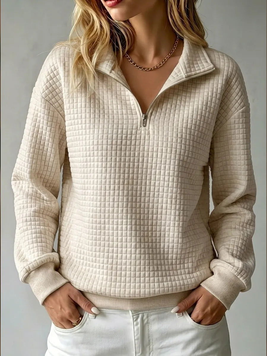 Sweatshirt Dame med Halv Lynlås og Quiltet Struktur i beige