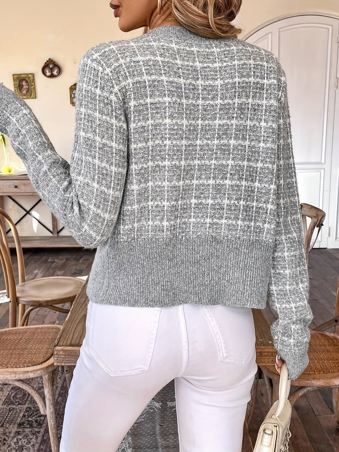 Cardigan Dame med Hanefjedsmønster og Guldknapper - Kort Model - billede 5