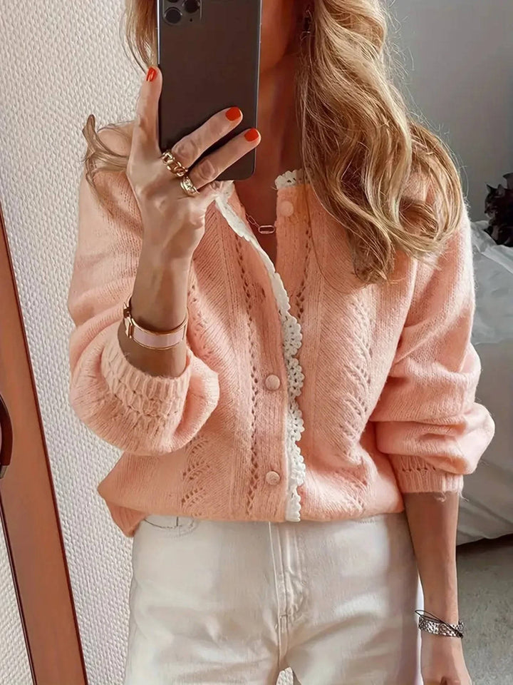 Cardigan dame med hvid blondekant