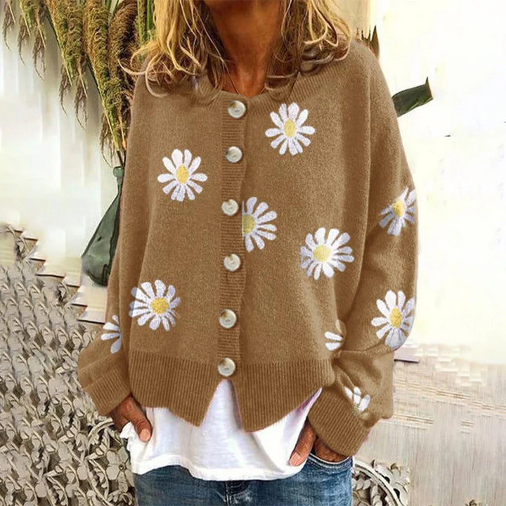 Khaki cardigan med margueritprint set forfra