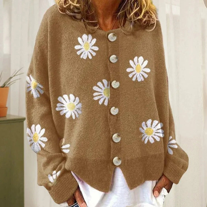 Cardigan med margueritter i khaki, detalje