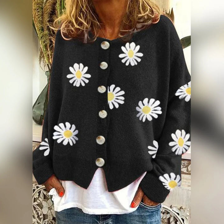 Sort cardigan med hvide margueritter