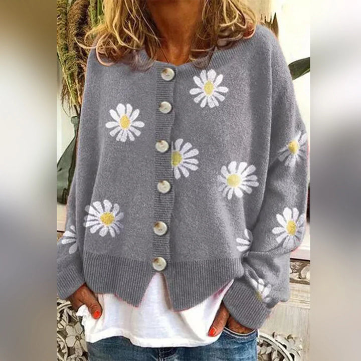 Grå cardigan med margueritprint