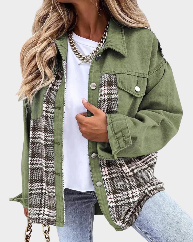 Denim shacket med plaid kontrastpaneler