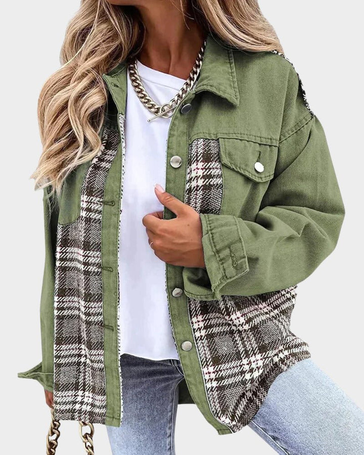 Denim shacket med plaid kontrastpaneler