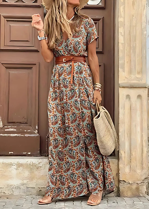 Kvinders Maxikjole Beige Størrelse M Let Viskose Boho Print 4