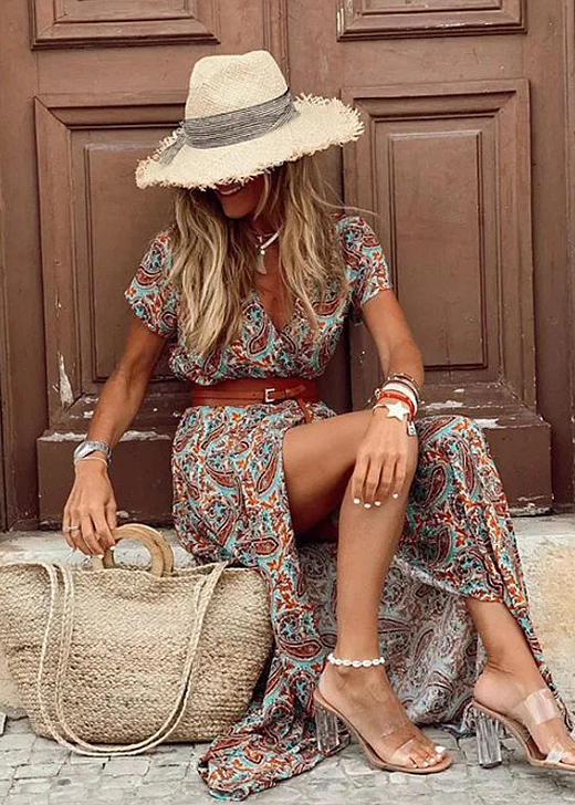 Kvinders Maxikjole Beige Størrelse M Let Viskose Boho Print 6