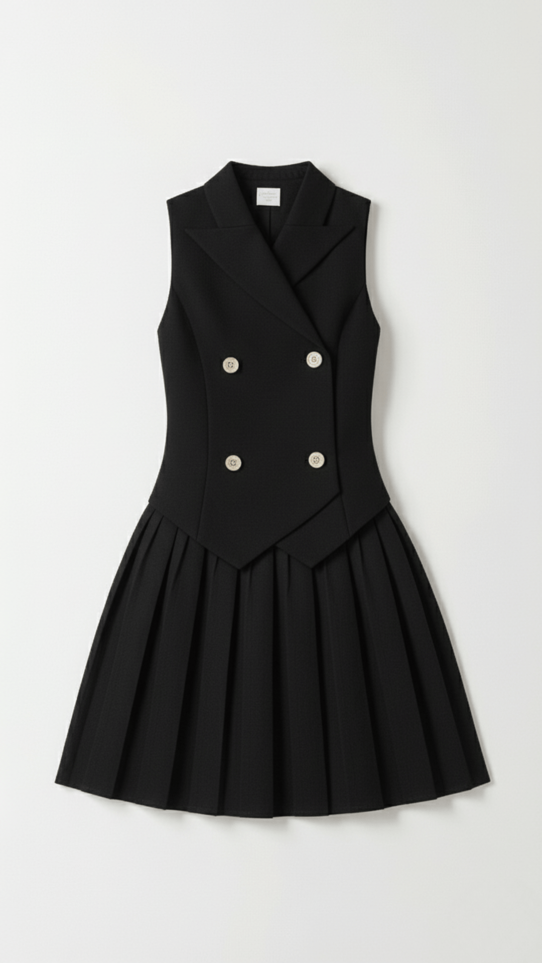 Kvinders Mini Kjole Sort Størrelse M Polyester Plisseret Ærmeløs Med Guldknapdetaljer 5