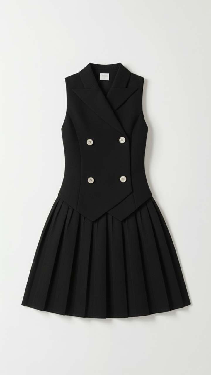 Kvinders Mini Kjole Sort Størrelse M Polyester Plisseret Ærmeløs Med Guldknapdetaljer 5