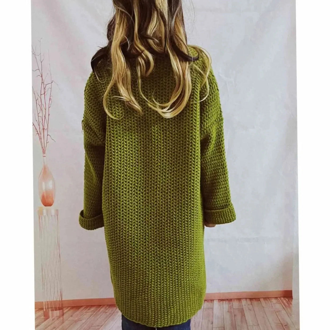 Grøn grovstrik cardigan set forfra