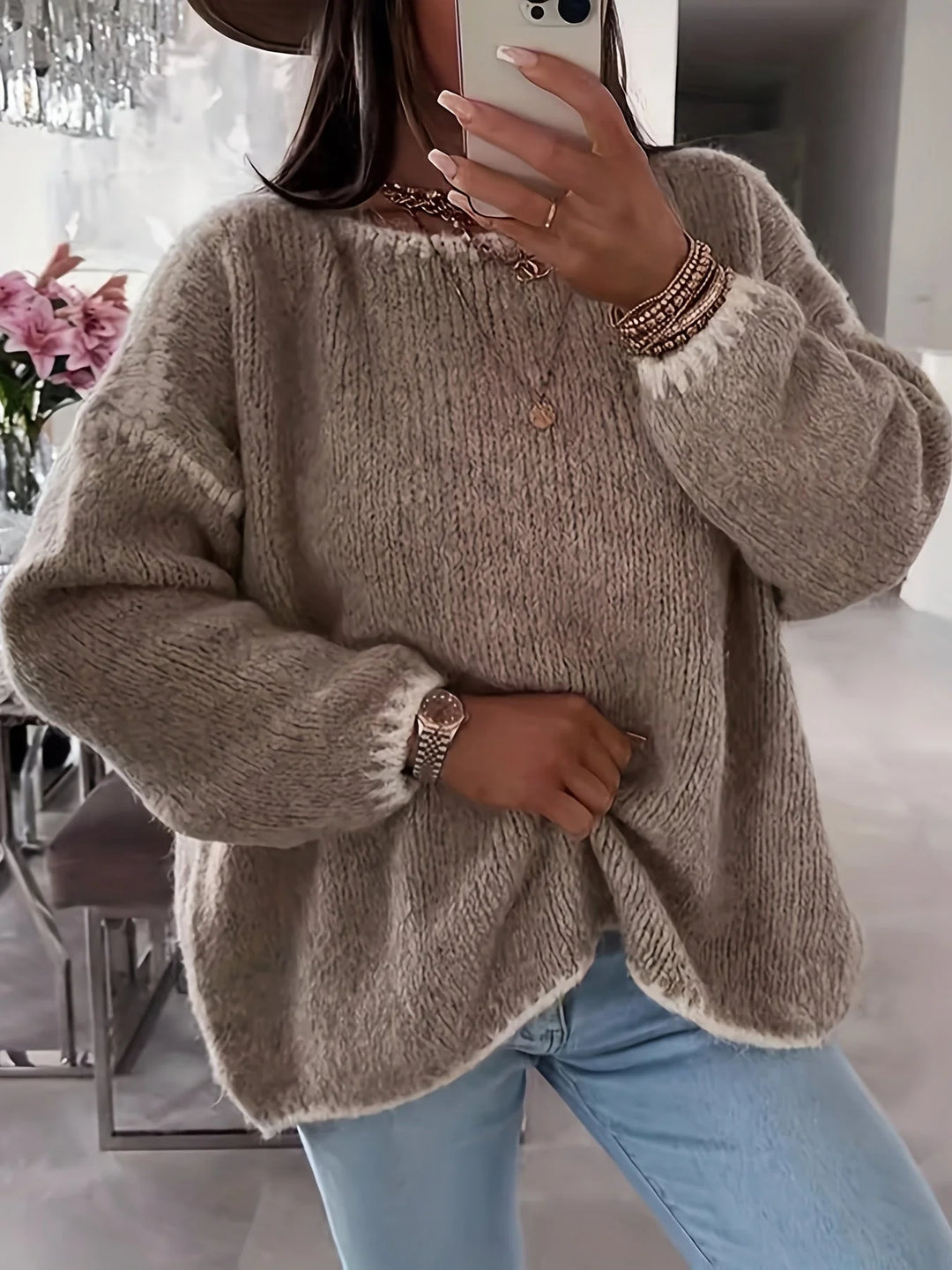 Oversized chunky striktrøje med bådhals i khaki