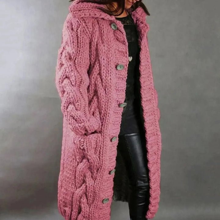 Pink kabelstrikket cardigan med hætte